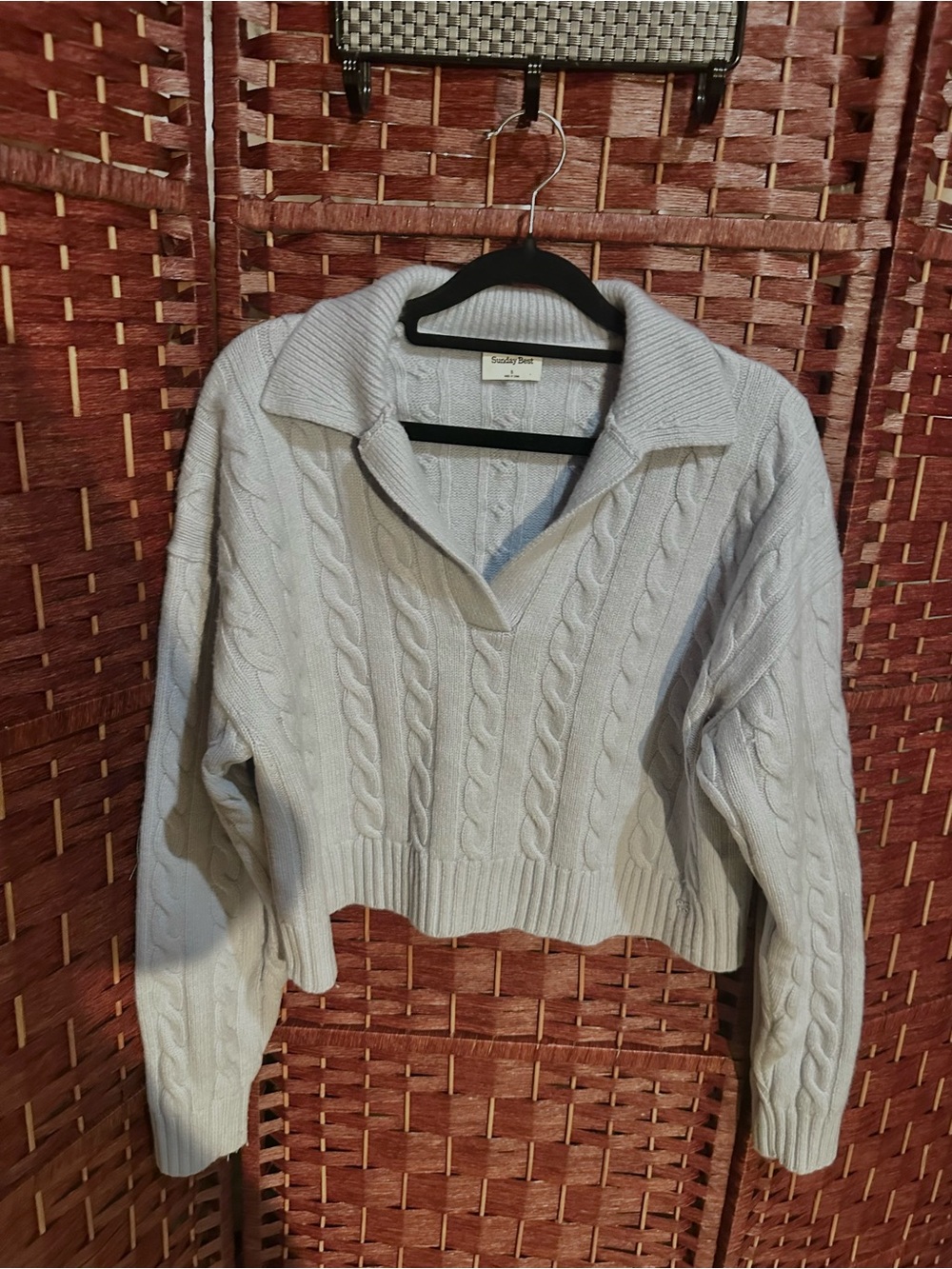 Aritzia Pastel Blue MERINO WOOL Cable Knit Collared V‑Neck Sweater